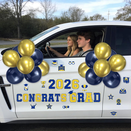 Graduation Car Magnets 2026, 46PCS Blue Gold Graduation Car Decorations 2026 with Balloons, Congrats Grad Car Magnets and Decals Decor Supplies for Grad Parade Party