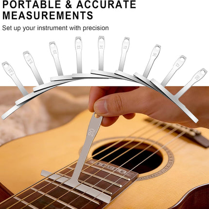 10 Pcs Guitar Luthier Tools Include 9 Pcs Understring Guitar Radius Gauge and 1 String Action Height Gauge Ruler, Measuring Setup Tool Kit for Guitar Bass