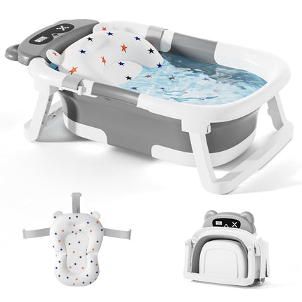 Baby Bathtub,Foldable Baby Bath Tub for Newborn to Toddler (0-18 Months) – Collapsible Infant Tub for Travel with Thermometer, Soft Cushion,Grey