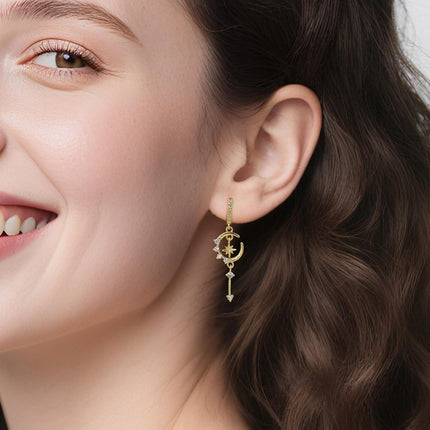 Star and Moon Earrings Dangle Hoop Earrings for Women Huggie with Cubic Zirconia Celestial Space Style