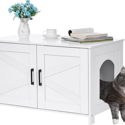 Homhedy Cat Litter Box Enclosure, Wooden Cat Washroom Furniture with Barn Door, Pet House, Fit Most of Litter Box, White