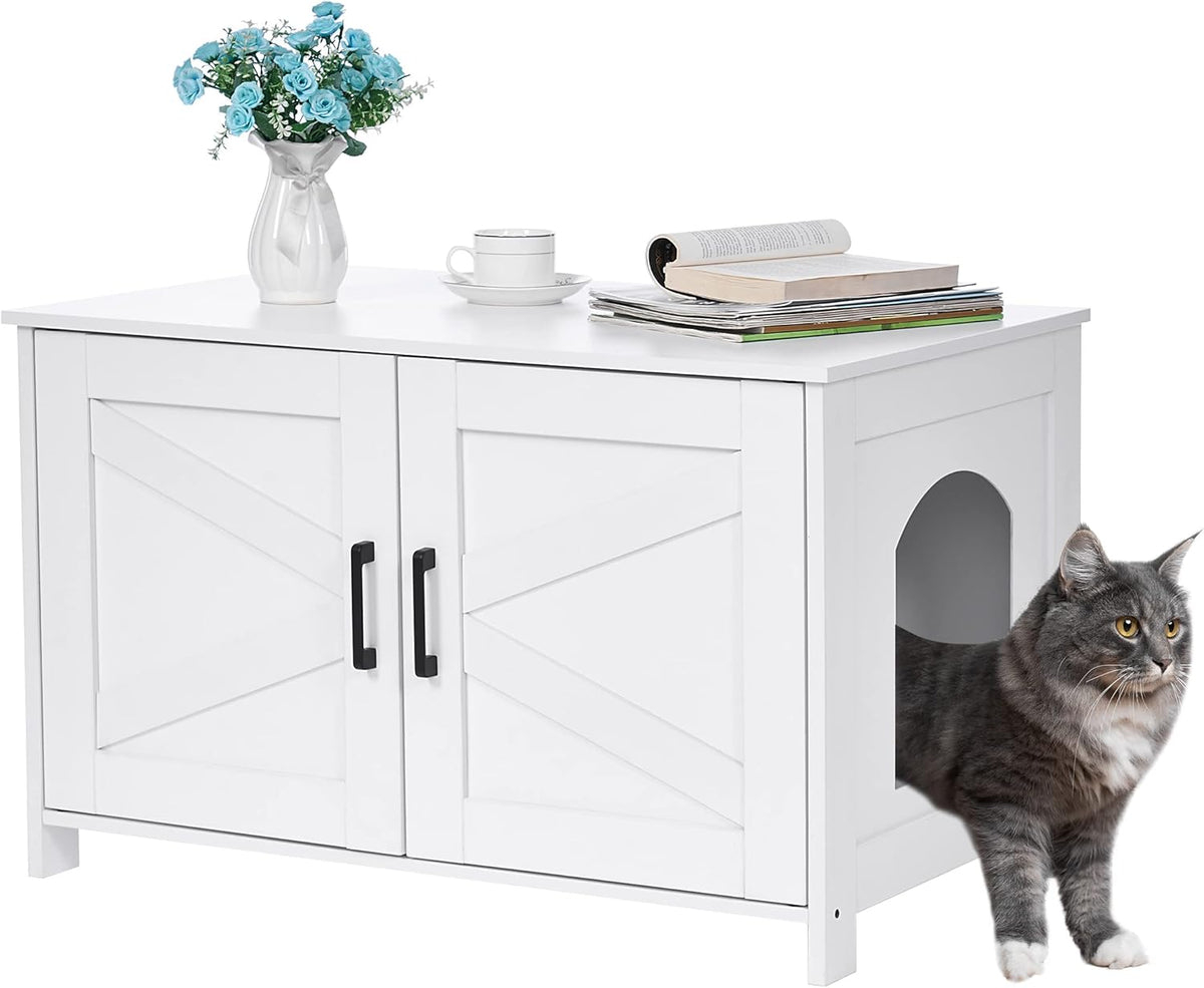 White Wooden Cat Litter Box Enclosure with Barn Door