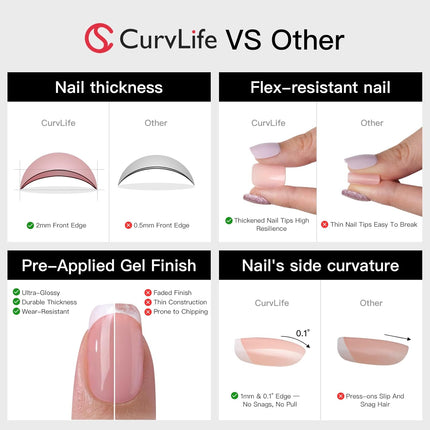 CurvLife Soft Gel Press On Nails Square, Fairy Veil Long-Lasting 30Pcs Reusable Stick On Fake Nails Kit with Glue Tabs, Glossy Salon-Style Manicure for Women Teens Beginners, At-Home