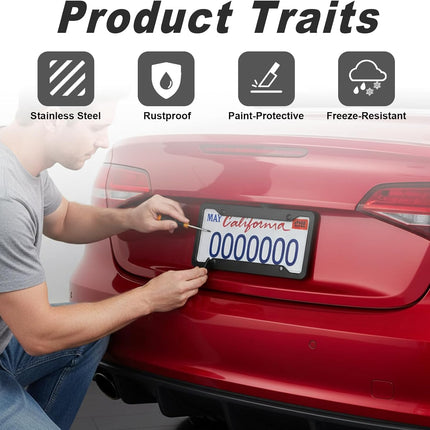 2 Pack Black License Plate Frames - Heavy Duty Stainless Steel Car License Plate Frame with 4 Holes, Rattle Proof Rustproof with Mounting Screws & Caps for Front Rear Cars