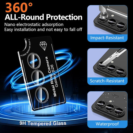 for Samsung Galaxy S26 Camera Lens Protector, Individual Metal Ring Tempered Glass Lens Cover, [Strong Adsorption] Scratch Resistant Ultra-Thin HD Clear Lens Cover, 1 Set-Black