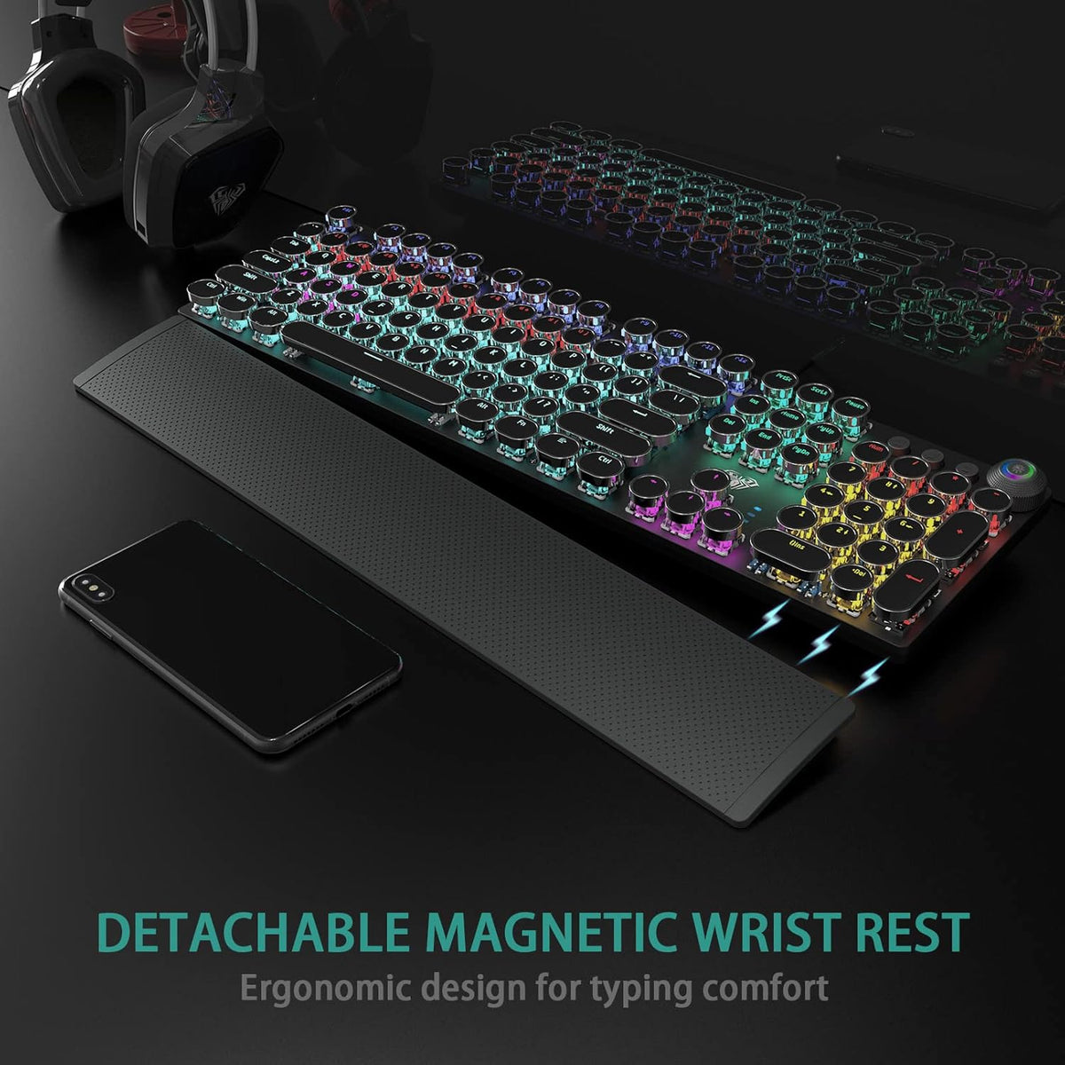 Typewriter Style Mechanical Gaming Keyboard Wired,Blue Switches,Rainbow LED Backlit,Removable Wrist - photo 4