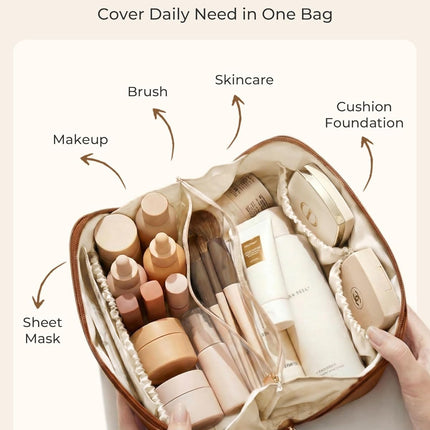 BAGSMART Makeup Bag Travel Cosmetic Bag, Large Make Up Bag Flat Open Toiletry Bag for Women, PU Leather Travel Essentials Organizer Case, Wide-open Pouch Purse for Skincare, Brushes, Classic Brown