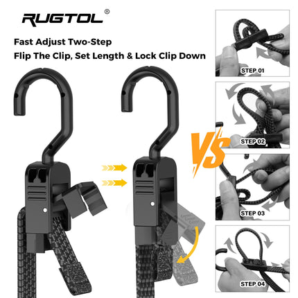 Bungee Cords with Hooks, 48 Inch Adjustable Flat Bungee Straps with Quick Release Buckle, Rubber Black Heavy Duty Elastic Cords with Metal Hooks for Bike Rack, Outdoor, Camping, Tarp, 6 Pack