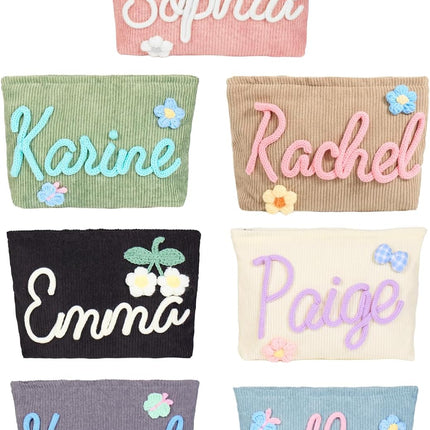 Personalized Corduroy Bag for Girls Women with FREE NAME, Custom Cute Makeup Bags, Travel Toiletry Organizer Pouch, Birthday, Bachelorette Mothers' Day Gift