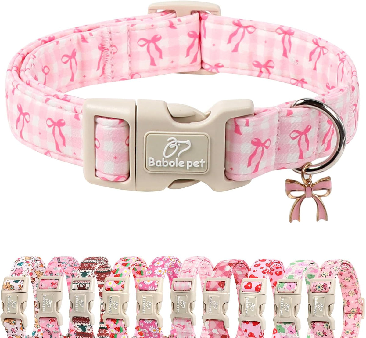 Pink Plaid & Bow Adjustable XS Dog Collar for Puppies and Small Dogs