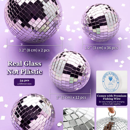54PCS Mini Silver Disco Balls – Hanging Disco Ball Ornaments for Disco Ball Decor, Mini Disco Balls for Disco Party Decorations, Weddings, Rooms, Cakes & Disco Christmas Decor