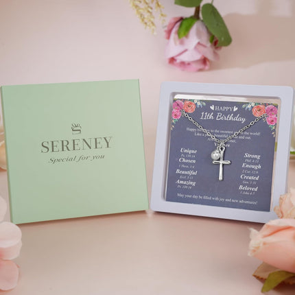 Sereney Happy Birthday Gifts for Girls, Silver Stainless Steel Necklace as 11 13 15 16 Year Old Teens Birthday Gift, Adjustable Cross Pearl Necklace Birthday Gifts for Daughter Granddaughter Niece Girls