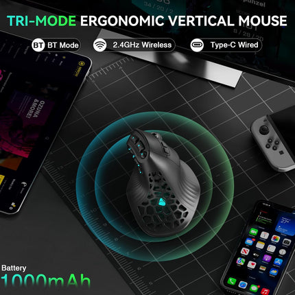SOLAKAKA E9 Vertical MMO Gaming Mouse,248000 DPI,Tri-Mode Ergonomic Wireless Mouse with 10 Side Buttons,RGB Mouse for PC/Mac Black