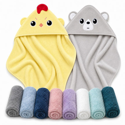 2 Pack Hooded Baby Towel Rayon Made from Bamboo and 8 Washcloths - Lovely Elephant, Happy Bird
