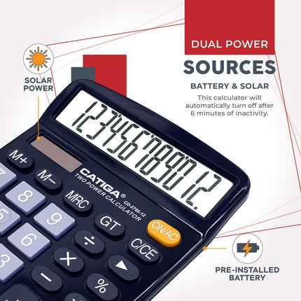 CATIGA 12 Digit Desk Calculator, Desktop Calculators with Large LCD Display & Big Buttons, Dual Power Solar & Battery, Standard Basic 4 Function Calculator for School, Office, Home