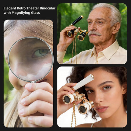 Opera Glasses 3X25 with Adjustable Handle,Chain,Magnifying Glass,BK9 Optical Prism, Mini Compact Vintage Theater Binoculars for Women Adults Kids in Opera Musical Concert-Black