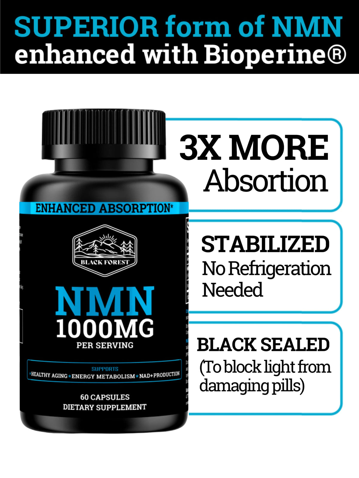 Black Forest NMN 1000mg 60 capsules anti-aging NAD+ supplement close-up view