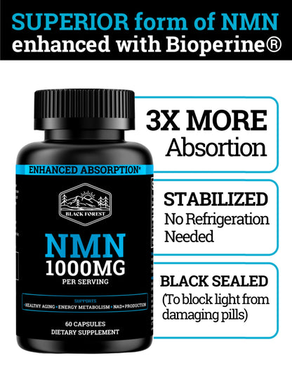 Black Forest NMN 1000mg 60 capsules anti-aging NAD+ supplement close-up view