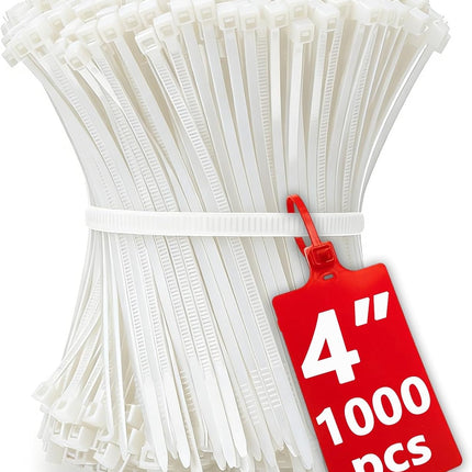 1000pcs Small White Zip Ties 4 Inch, Mini Cable Ties Tiny Zipties 4 In Micro Self Locking Plastic Clear Tie Wraps Thin Wire Ties for Cable Management