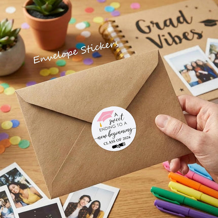 120 Pack Class of 2026 Graduation Stickers, A Sweet Ending to a New Beginning Round Thank You & Invitation Seals for Envelopes, Graduation Party Favor Decorations, Pink, 1.6 Inch