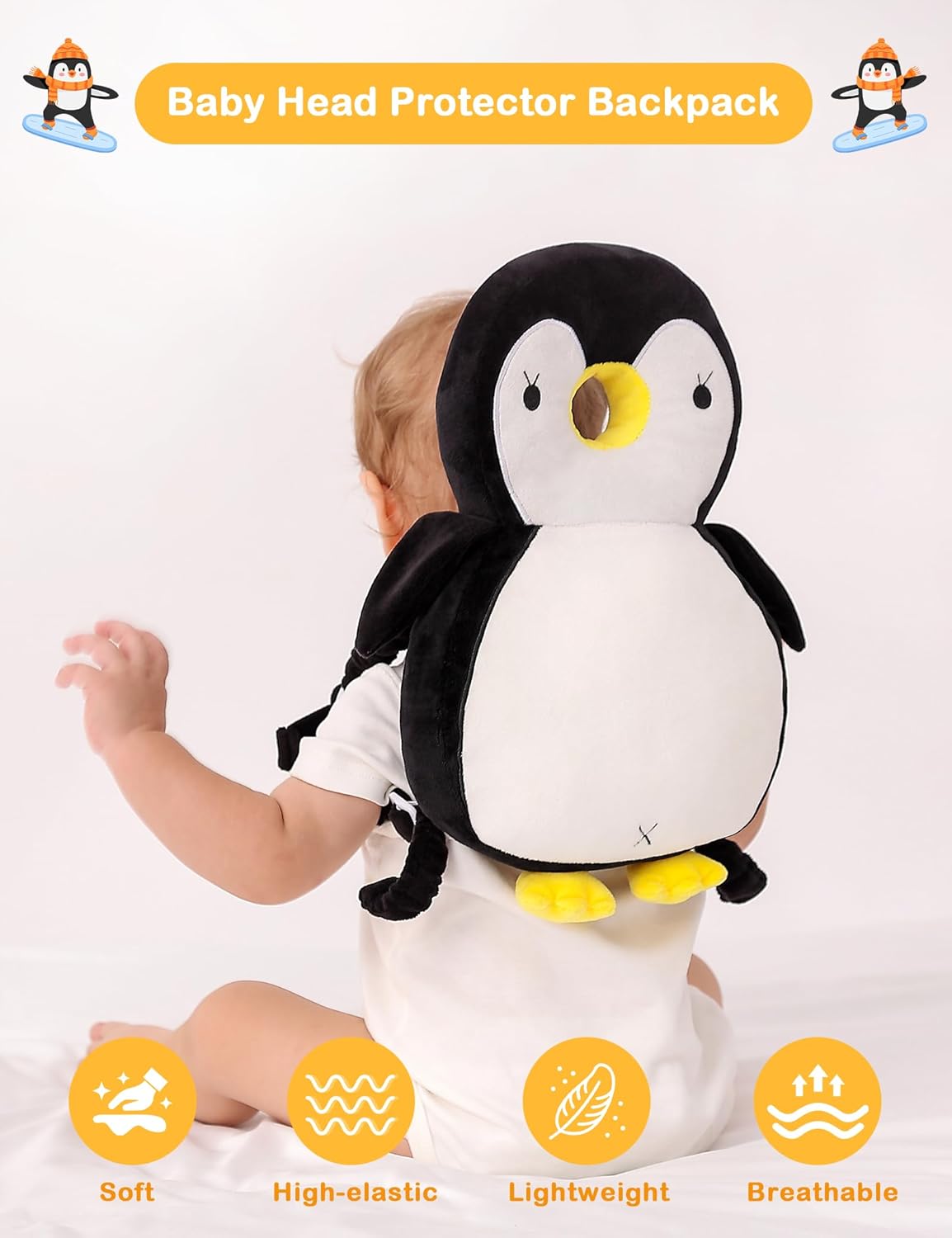 Baby Head Protector Backpack, Toddler Walking Fall Head Protection, White Black Penguin - photo 2