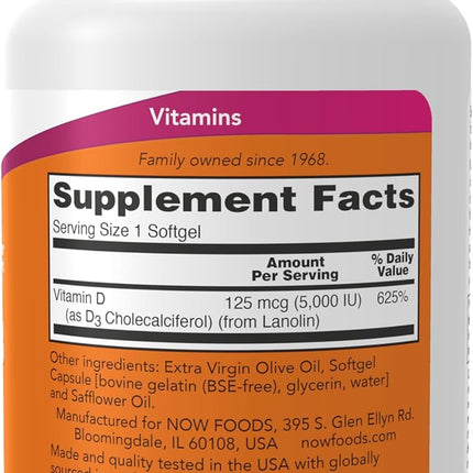 NOW Foods Vitamin D-3 5000 IU — High Potency, 240 Softgels - image 2