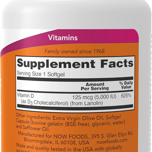 NOW Foods Vitamin D-3 5000 IU — High Potency, 240 Softgels - image 2