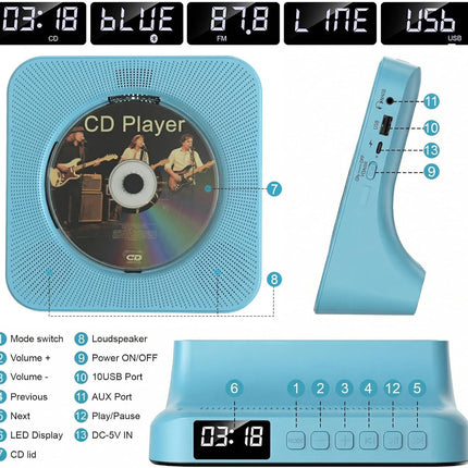 Gueray CD Player Portable Bluetooth Desktop CD Player for Home with Timer Built-in HiFi Speakers with LCD Screen Display Boombox FM Radio USB Type-c (Blue)