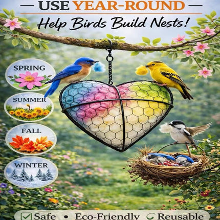 Handmade Alpaca Fiber Heart Bird Nesting Holder for Garden Birds — Cozy Outdoor Gift-Pastel