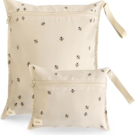 mushie Water Resistant Wet Bags | Large & Small Reusable Storage Bag for Baby Items and Travel | Zippered Pockets with Handle | Machine Washable, Set of 2 (Bees)