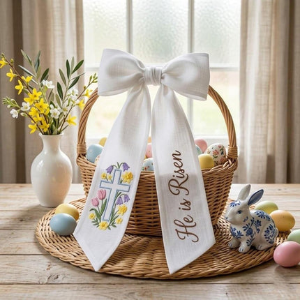 Custom Embroidered Christian Cross Flowers Wreath Sash, He Is Risen Easter Home Decor, Christ Sash Basket Bow, Easter Wreath Ribbon, Personalized Easter Basket Ribbon with Embroidered Name