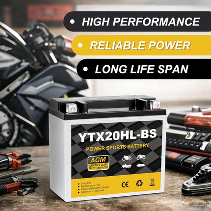 YTX20HL-BS Motorcycle Battery 12V 18Ah 310CCA, Maintenance Free Sealed AGM Powersport Battery, Replacement for ATV UTV Scooter, YTX20HL BS / ETX20L / GTX20HL-BS