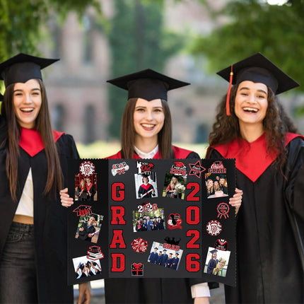 4 Set Graduation Photo Display Board, Class of 2026 Black Red Trifold Poster Board with Grad Pattern Stickers, Graduation Photo Props Collage for Multiple Pictures Party Decorations, 16x24 Inch