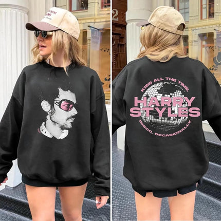 Handmade Harry Kiss All The Time Sweatshirt, Disco Occasionally Disco Ball Front and Back Crewneck, Fan Gift Retro Concert Tour Unisex Multicolor