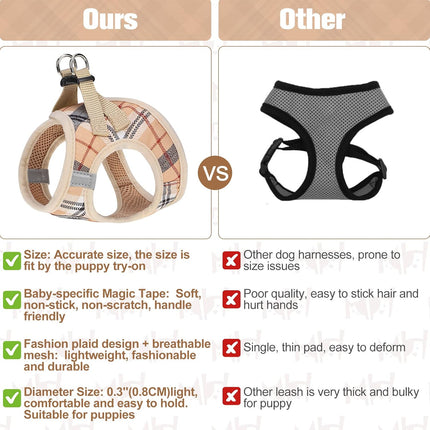 BEAUTYZOO Small Dog Harness and Leash Set,Step in No Choke No Pull Soft Mesh Dog Harnesses Reflective for Extra Small Medium Puppy Dogs and Cats, Plaid Dog Vest Harness for XS S Pets, Beige S