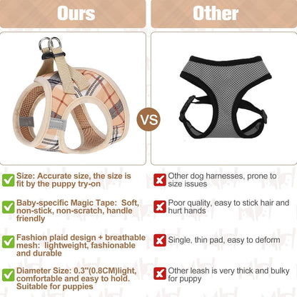 Beige Plaid Step-In Soft Mesh Dog Harness and Leash Set for Small Pets - photo 5