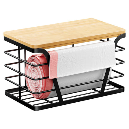 2 Pack Stackable Storage Laundry Kitchen Organizers, Wall Mount Trash Bag Holder with Bamboo Top and Garbage Bag Dispenser No Drill