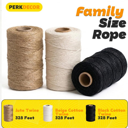 Twine String Natural Jute Twine & Cotton Twine Bundle - Bulk Packing Twine for Crafts, Gift Wrapping String, Gardening Twine, Home Decor (3 Rolls, 984ft, 2mm)