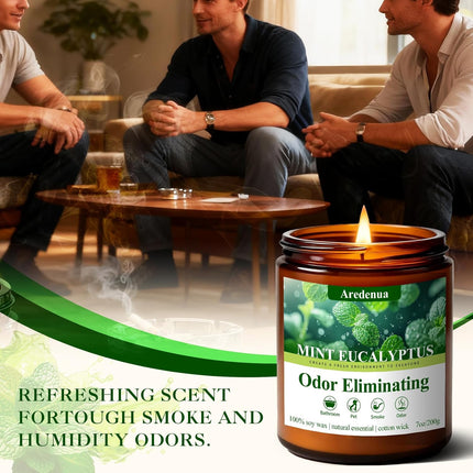 Mint Eucalyptus Odor Eliminating Candles | Eliminates 95% of Pet, Smoke & Bathroom Odors – 7 oz Hand Poured Non-Toxic Soy Candle - Air Freshing Scented Candles - Stress Relief Gifts for Women Men
