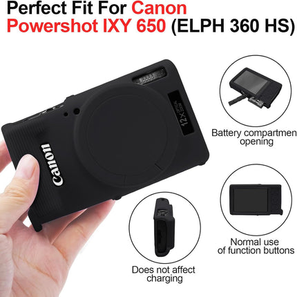 Easy Hood Case for Canon PowerShot IXY 650/ELPH 360 Camera, Soft Silicone Camera Cover with Removable Lens Cap, Slim Fit Anti-Scratch Carrying Protective Case Camera Body Skin Sleeve (Black)
