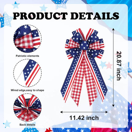 Large Patriotic Wreath Bow, 4th of July Decorations, Red White Blue American Flag, Stars Stripes Buffalo Plaid Wired Ribbon for Front Door