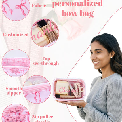 Personalized Cosmetic Bag for Women Girls, Free Custom Waterproof Travel Makeup Pouch with Zipper, Cute Toiletry Bags for Wedding Faver, Birthday Mother's Day Bridesmaid Gifts(Pink and White Bow
