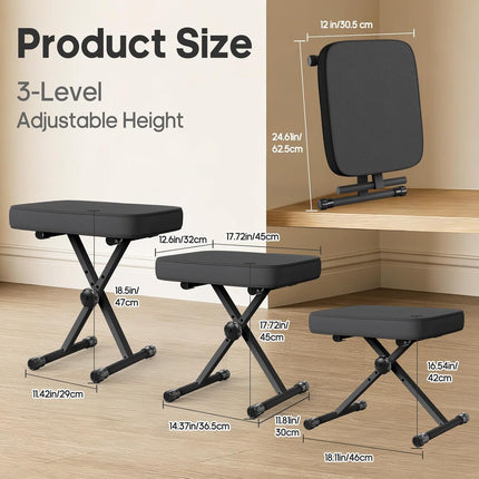 OLIXIS Adjustable Padded Keyboard Bench, X-Style Collapsible Piano Guitar Stool with 2.56 Inch Thickness High-Density Sponge and 3-Position Height, Waterproof Non-Skid Design, Black