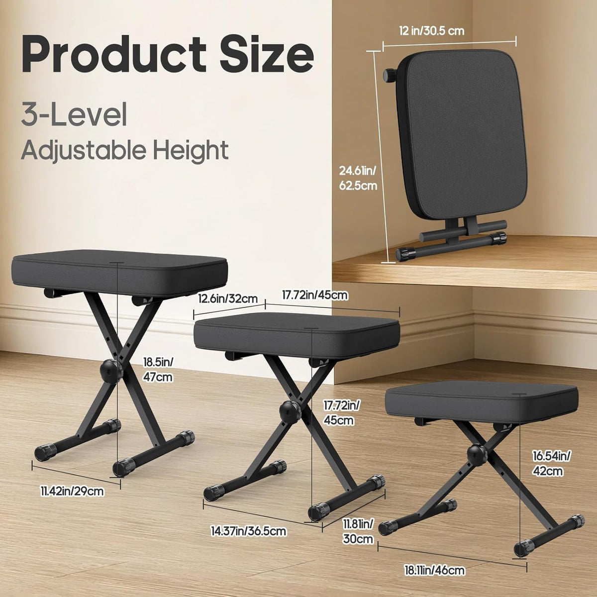 Adjustable Padded Keyboard Bench, Black - photo 3
