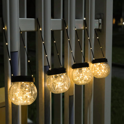 Solar Lanterns Solar Lights Outdoor Waterproof 6-Pack, Solar Powered Hanging Lights Cracked Glass Hanging Globes for Christmas Decoration, Shepherd Hook, Garden Tree Ornaments