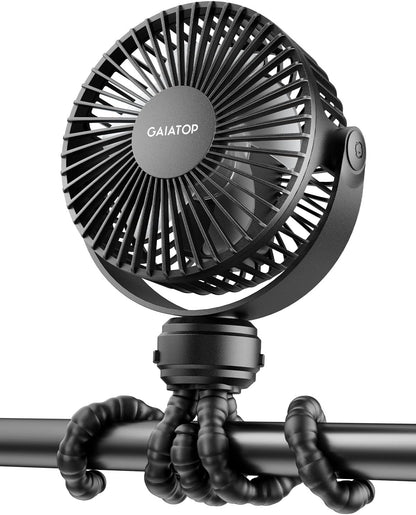 Mini Portable Stroller Fan with Clip-On Tripod, Rechargeable 3-Speed, Black