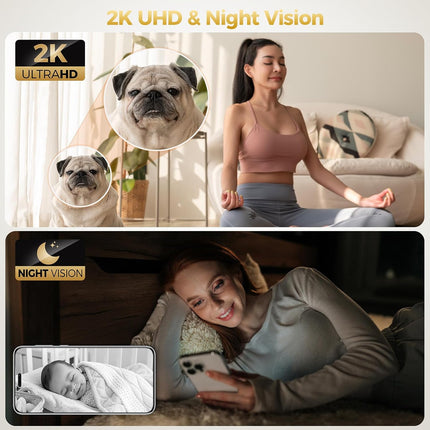 ZEEPORTE 2K Indoor Cameras for Home Security - Baby Monitor and Dog Pet Camera with Motion Detection, 2-Way Audio, Night Vision, Siren, Wired Security Camera - Compatible with Alexa and Google Home