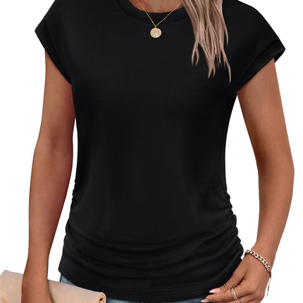 Womens Summer Tops Trendy 2026 Ruched Cap Short Sleeve Tshirts Shirts Crew Neck T Shirts Fashion