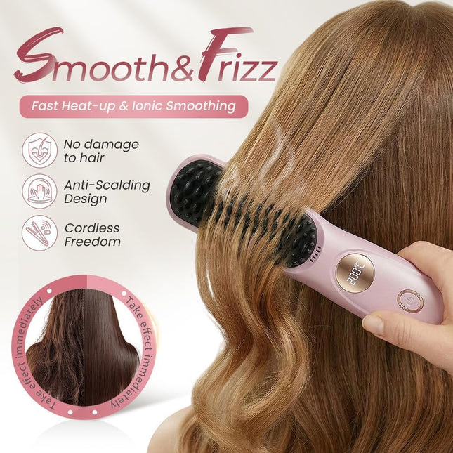 Pro for Short Hair, 2026 Upgraded Hair Straightener Brush, Portable Cordless Straightener Brushs for Travel, Fast Heating Hair Straightener with LCD Temperature Display, Travel Gift (Black)