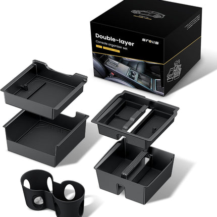 Sroiis® Gen 2 Double-Layer Center Console Organizer Set for Tesla Model Y Juniper Accessories (2025 2026) True 2-Tier Storage System [ Upper Tray + Hidden Lower Compartment ] - 3PCS Jet Black